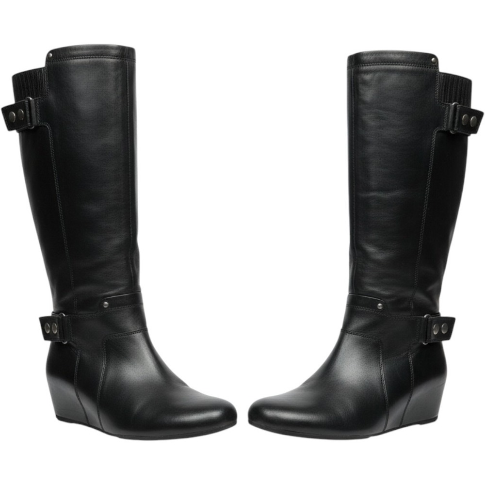 Franco Sarto Indiana Black Leather Wedge Knee High Boots Studded Harness 7.5M